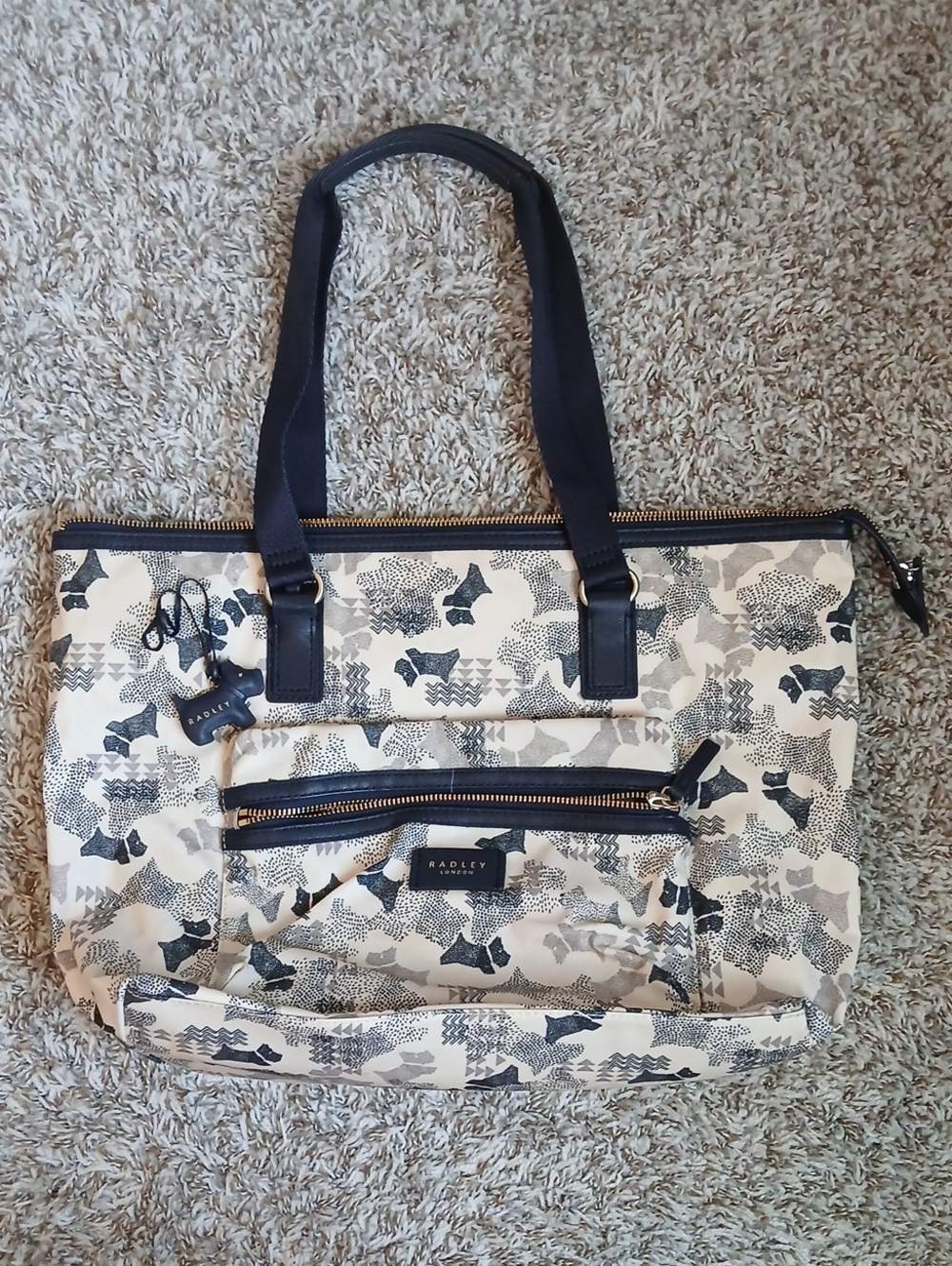 RADLEY LONDON Scotty Dog Navy and Cream Printed Laptop, Tote Nylon Gold *read